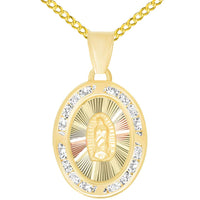 Load image into Gallery viewer, 14k Gold Cubic Zirconia Oval Shaped Our Lady Of Guadalupe Medallion Pendant Necklace with Rolo Cable, Curb Cuban, or Figaro Chain
