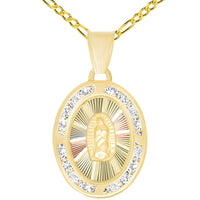 Load image into Gallery viewer, 14k Gold Cubic Zirconia Oval Shaped Our Lady Of Guadalupe Medallion Pendant Necklace with Rolo Cable, Curb Cuban, or Figaro Chain
