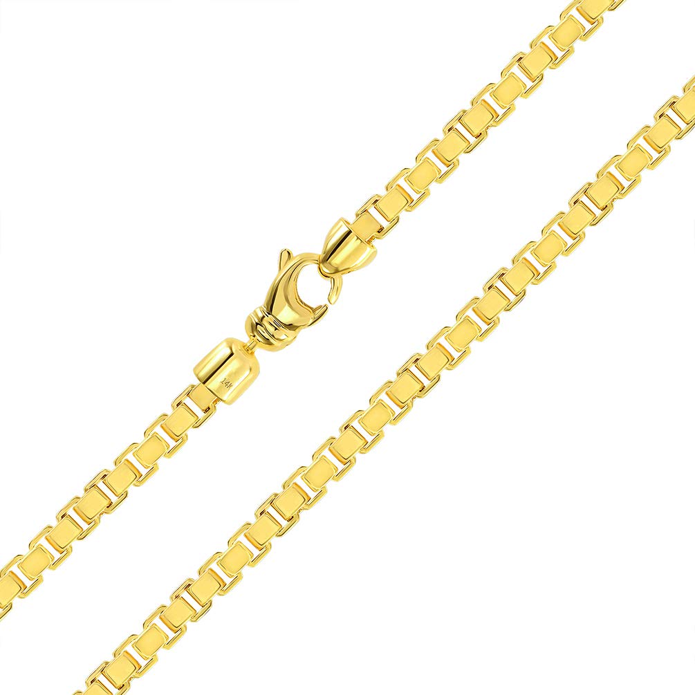 Solid 14k Yellow Gold 4mm Square Box Link Chain Necklace with Lobster Claw Clasp