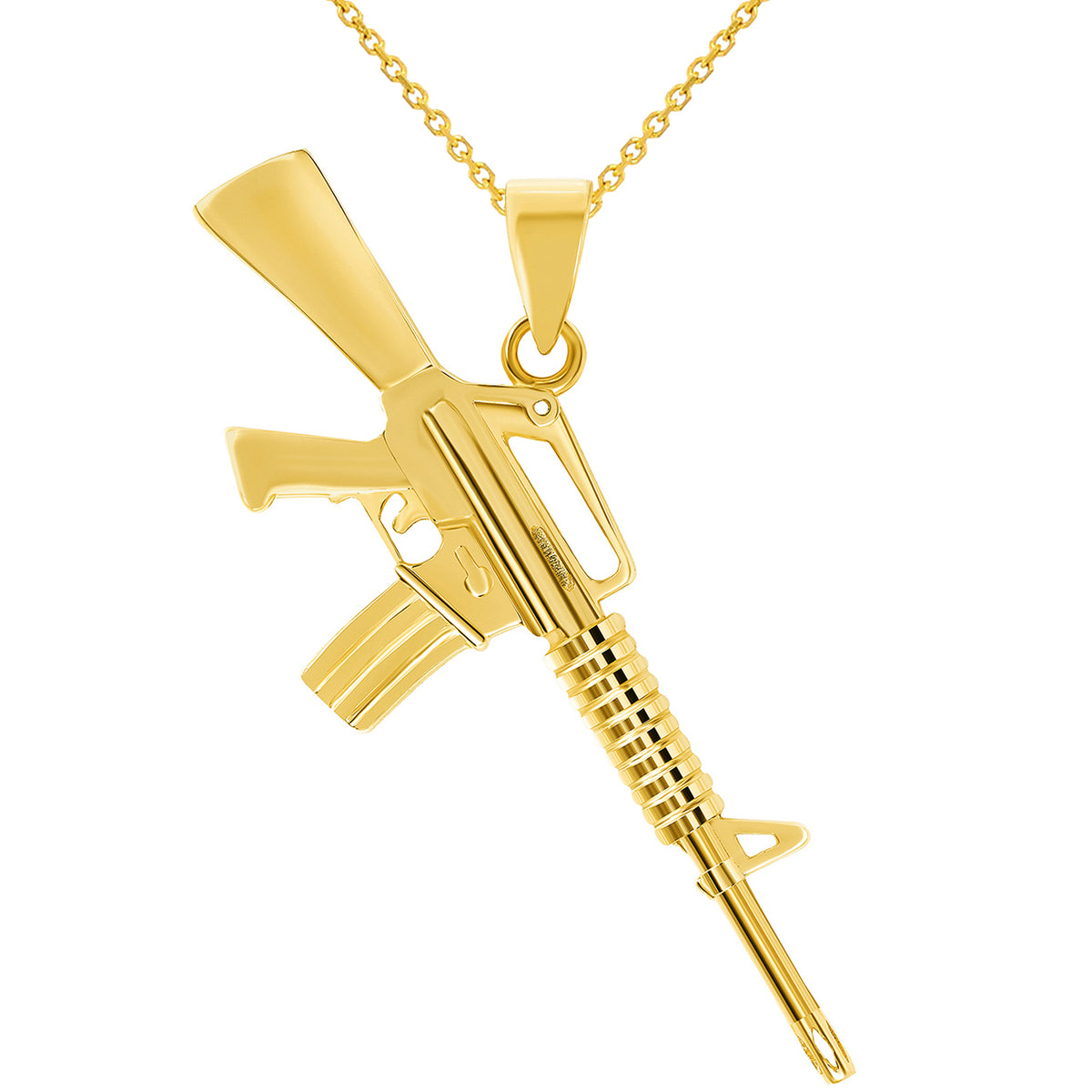 Solid 14k Yellow Gold Assault Rifle Gun Pendant Necklace