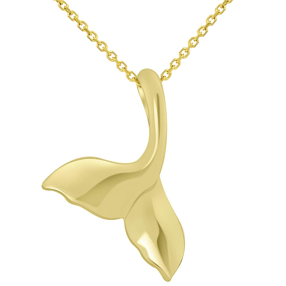 Solid 14k Yellow Gold Classic Curved Whale's Tail Pendant Necklace