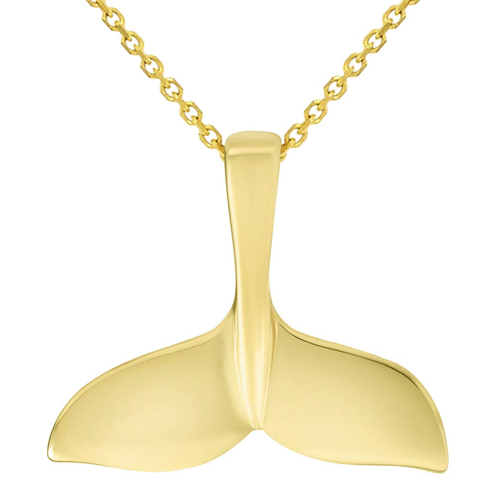 Solid 14k Yellow Gold Classic Whale Tail Charm Pendant Necklace