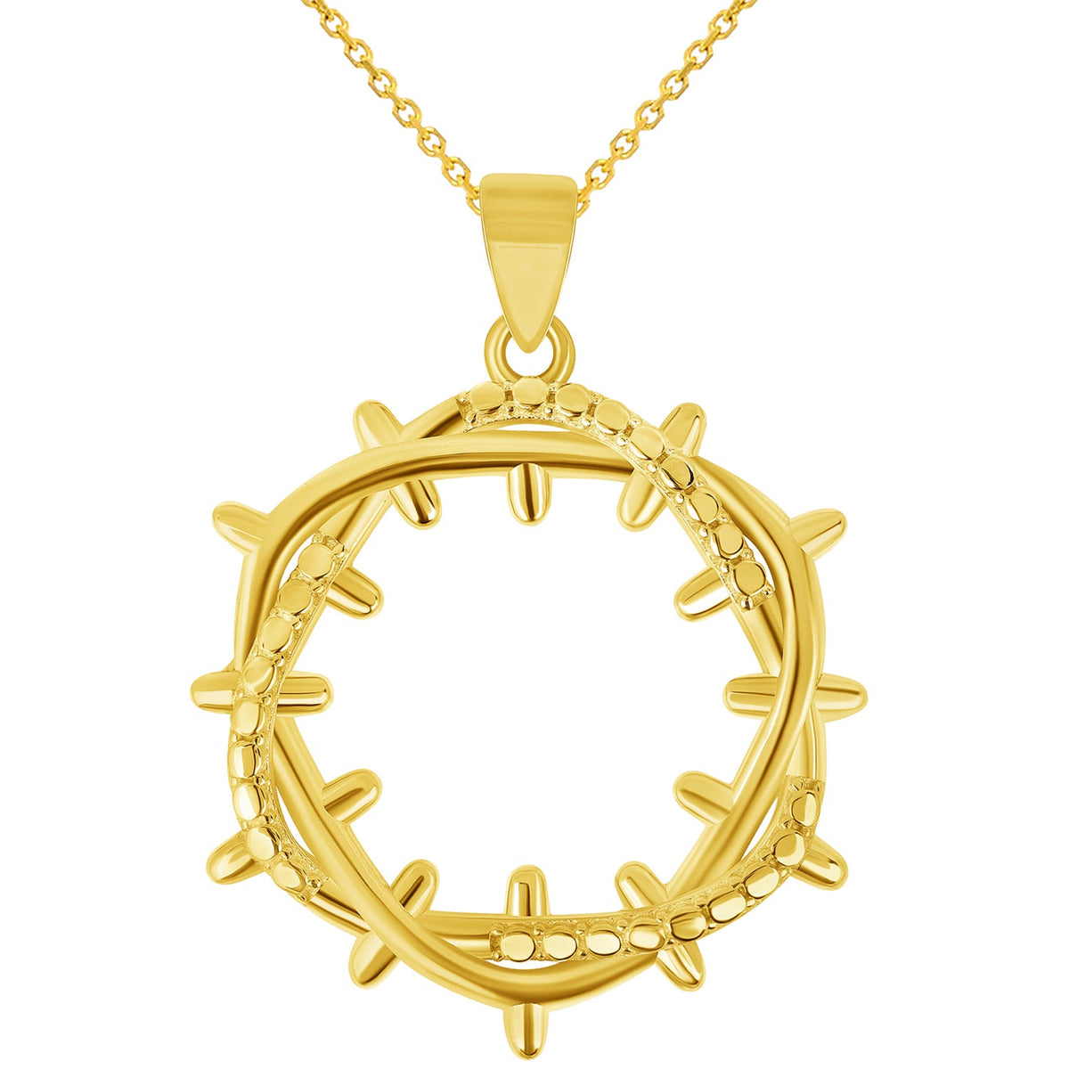 14k Solid Yellow Gold Crown of Thorns Pendant Necklace