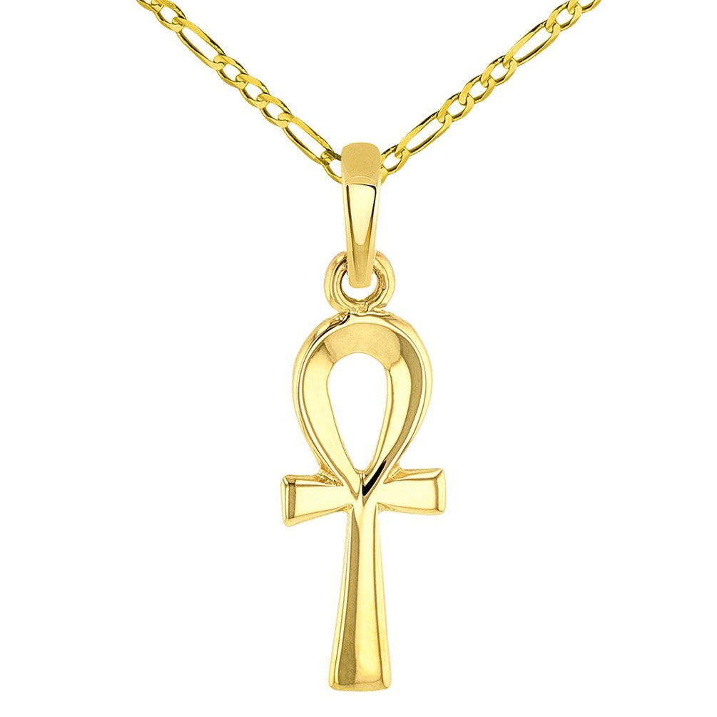 Solid 14k Yellow Gold Dainty Egyptian Ankh Cross Charm Pendant with Figaro Chain Necklace