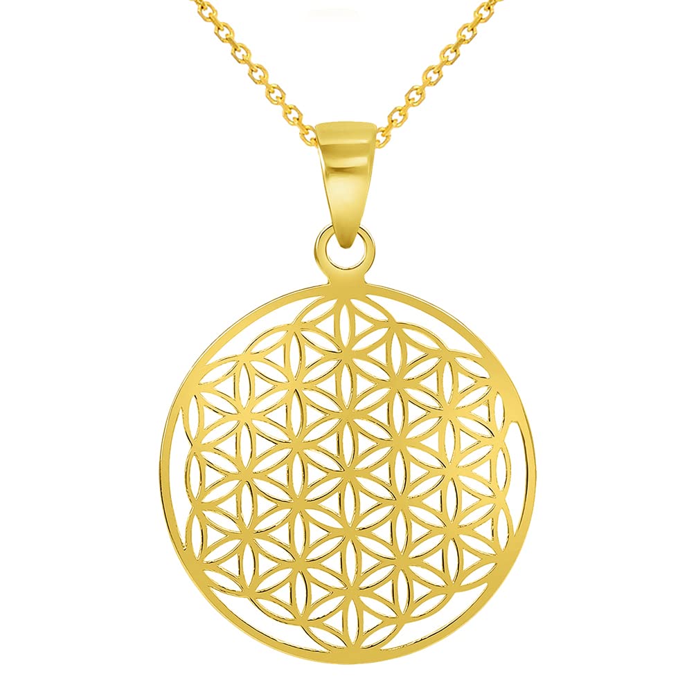 Solid 14k Yellow Gold Dainty Flower of Life Pendant with Rolo Cable, Cuban Curb, or Figaro Chain Necklaces