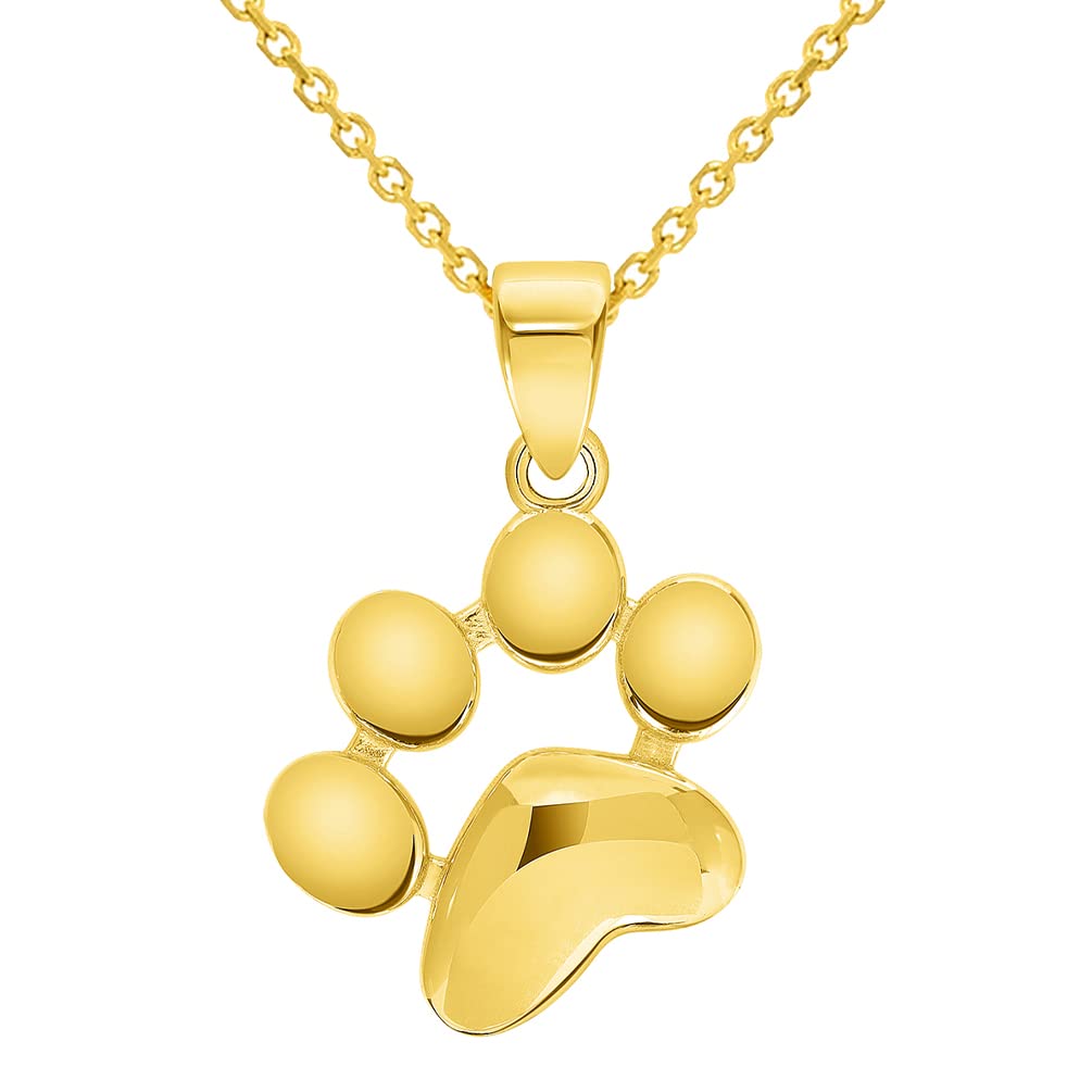 Solid 14k Yellow Gold Dog Paw Print Charm Pendant with Rolo Cable, Curb, or Figaro Chain Necklaces