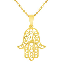Load image into Gallery viewer, Solid 14k Yellow Gold Filigree Hamsa Hand of Fatima Pendant with Rolo Cable, Cuban Curb, or Figaro Chain Necklaces
