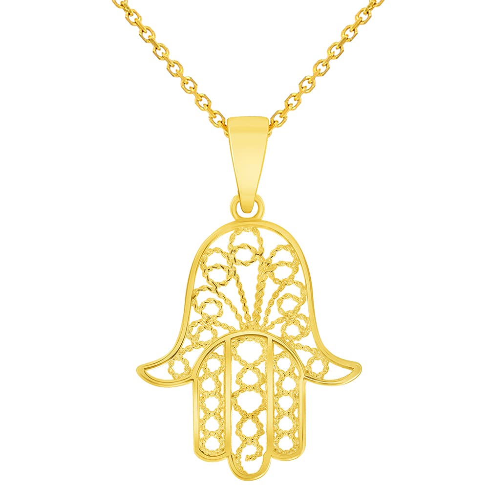 Solid 14k Yellow Gold Filigree Hamsa Hand of Fatima Pendant with Rolo Cable, Cuban Curb, or Figaro Chain Necklaces