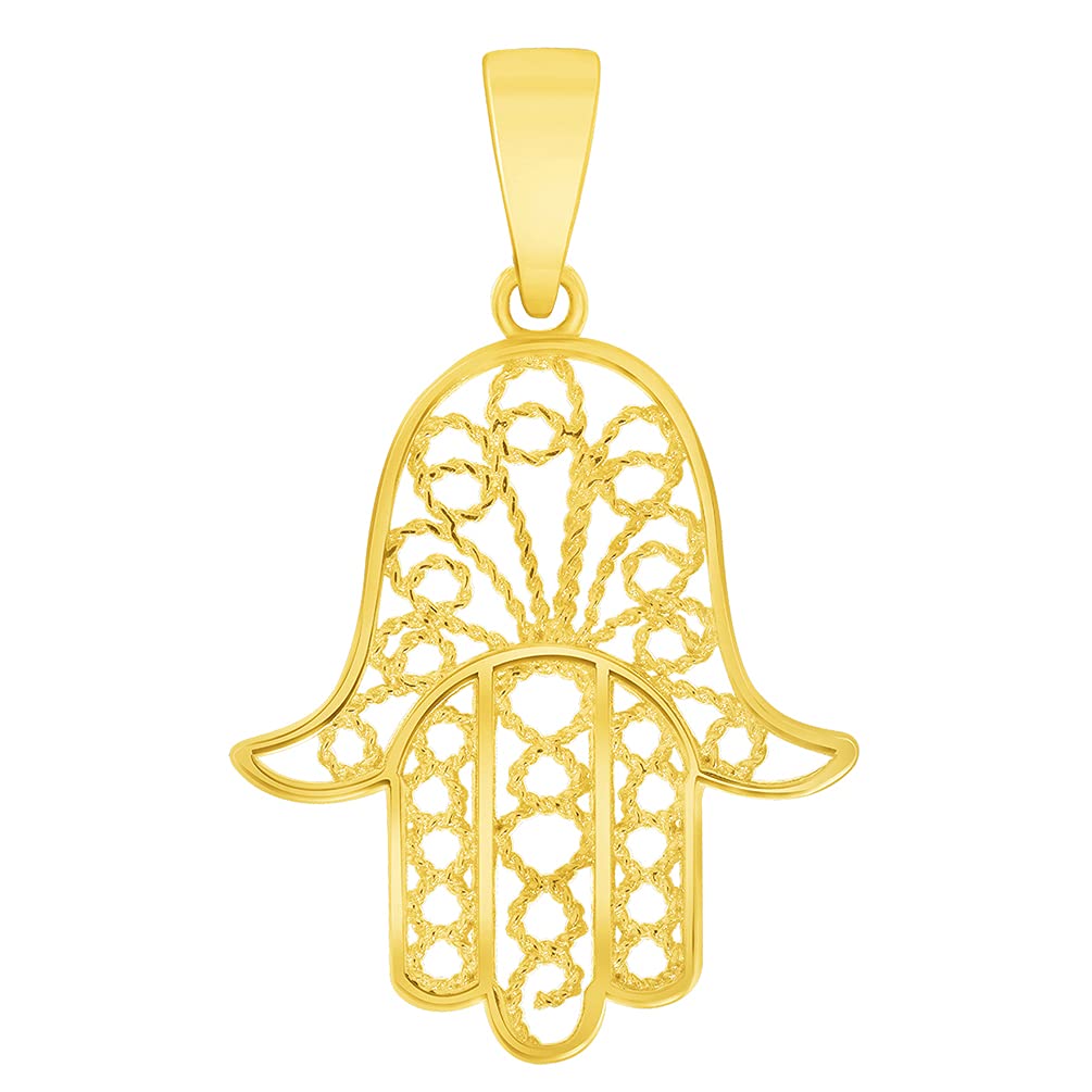 Solid 14k Yellow Gold Filigree Hamsa Hand of Fatima Pendant