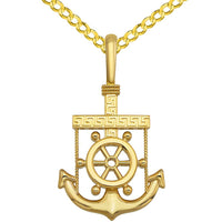 Load image into Gallery viewer, Solid 14k Yellow Gold Greek Key Anchor Pendant with Cuban Curb or Figaro Chain Necklace
