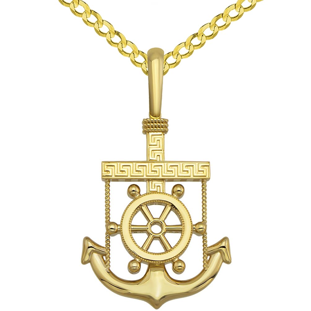 Solid 14k Yellow Gold Greek Key Anchor Pendant with Cuban Curb or Figaro Chain Necklace