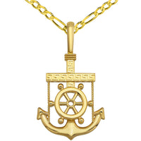 Load image into Gallery viewer, Solid 14k Yellow Gold Greek Key Anchor Pendant with Cuban Curb or Figaro Chain Necklace

