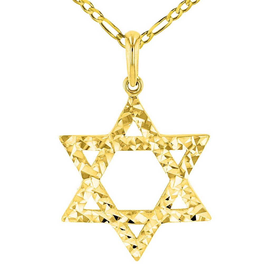 Solid 14k Yellow Gold Textured Hebrew Star of David Pendant Figaro Necklaces