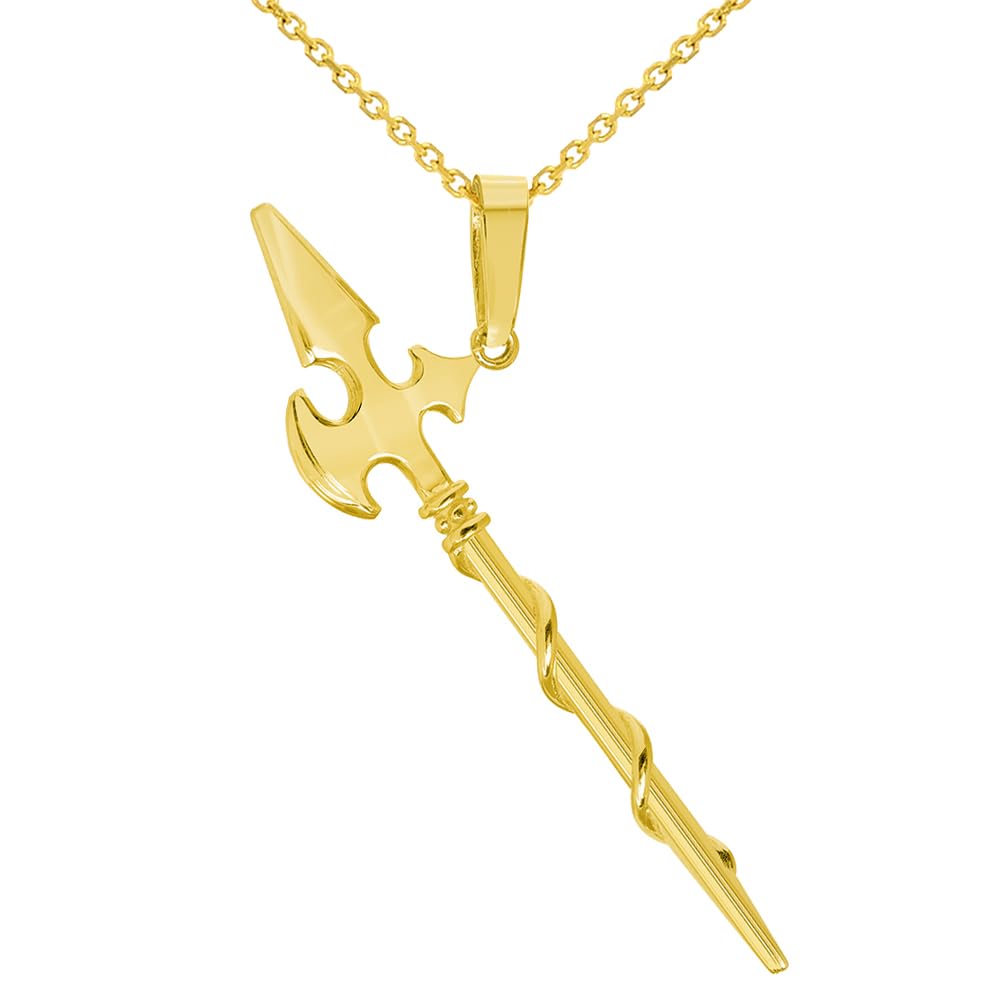 Solid 14k Yellow Gold Long Sword Axe Pendant with Cable, Cuban Curb, or Figaro Chain Necklaces