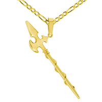 Load image into Gallery viewer, Solid 14k Yellow Gold Long Sword Axe Pendant with Cable, Cuban Curb, or Figaro Chain Necklaces
