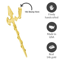 Load image into Gallery viewer, Solid 14k Yellow Gold Long Sword Axe Pendant with Cable, Cuban Curb, or Figaro Chain Necklaces
