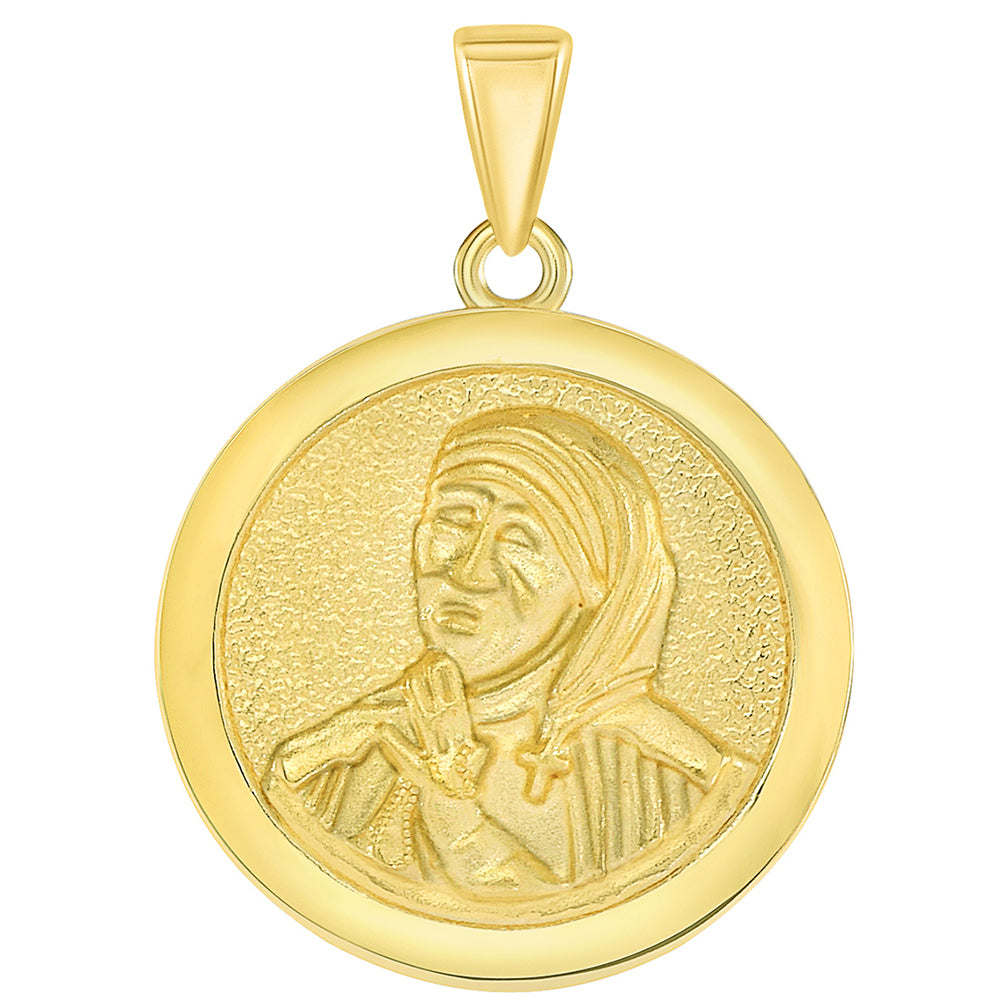 Solid 14k Yellow Gold Round Mother Teresa Medallion Pendant