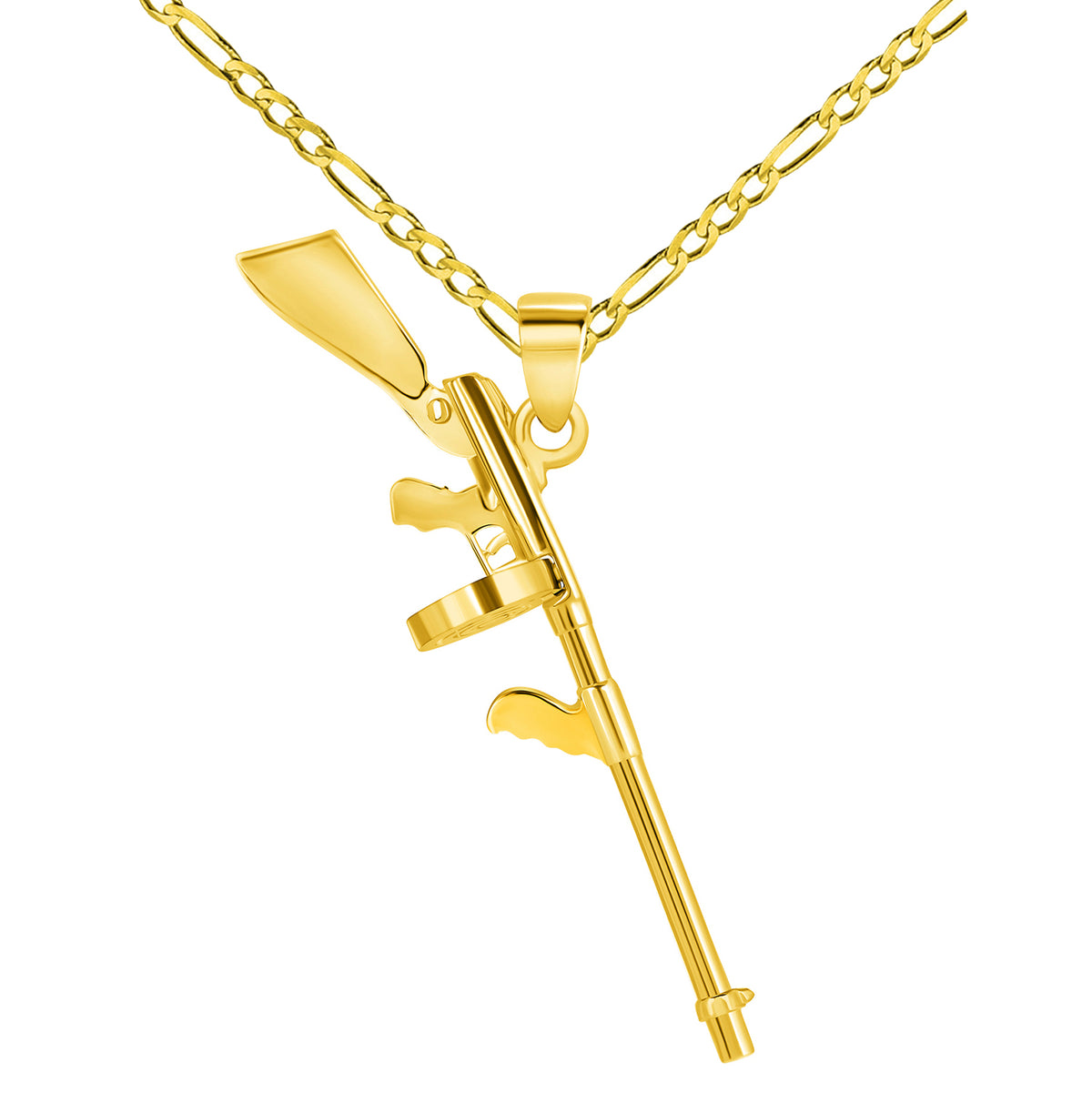 Solid 14k Yellow Gold Submachine Mob Gun Pendant Necklace