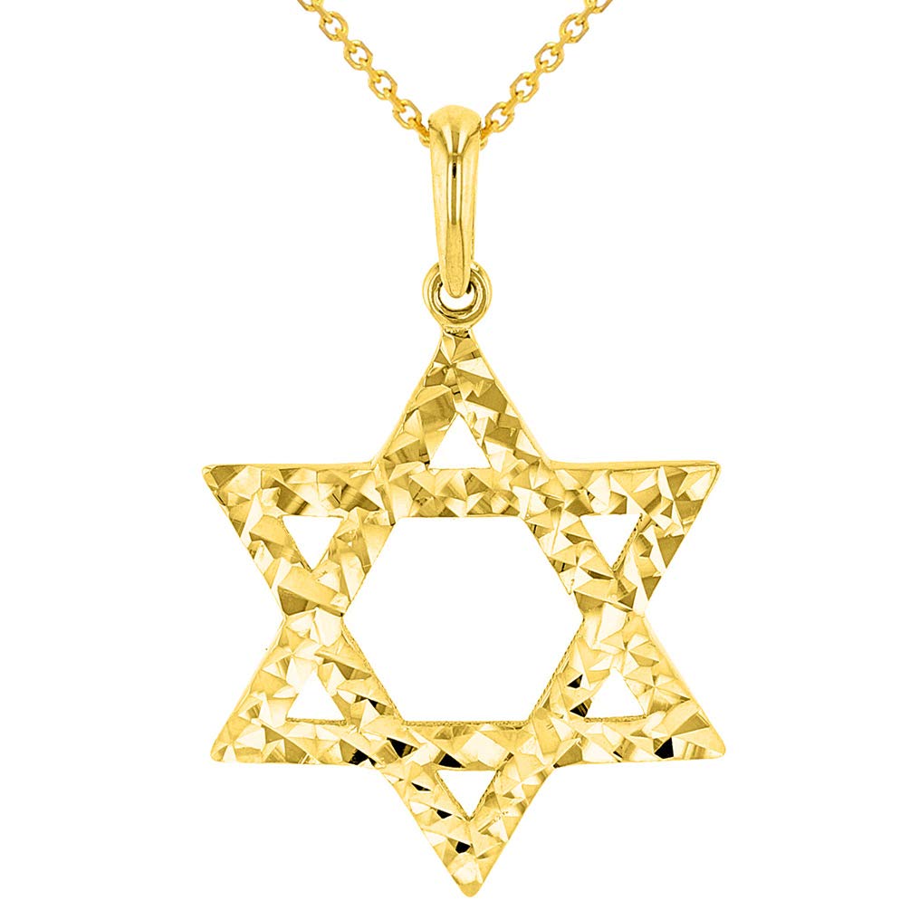 Solid 14k Yellow Gold Textured Hebrew Star of David Pendant Chain  Necklace