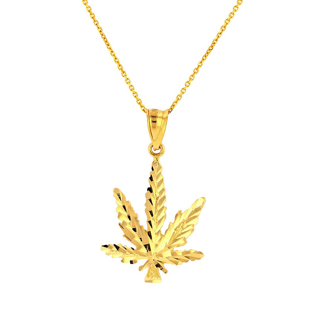 Jewelry America Solid 14k Yellow Gold Textured Marijuana Charm Weed Pendant Necklace