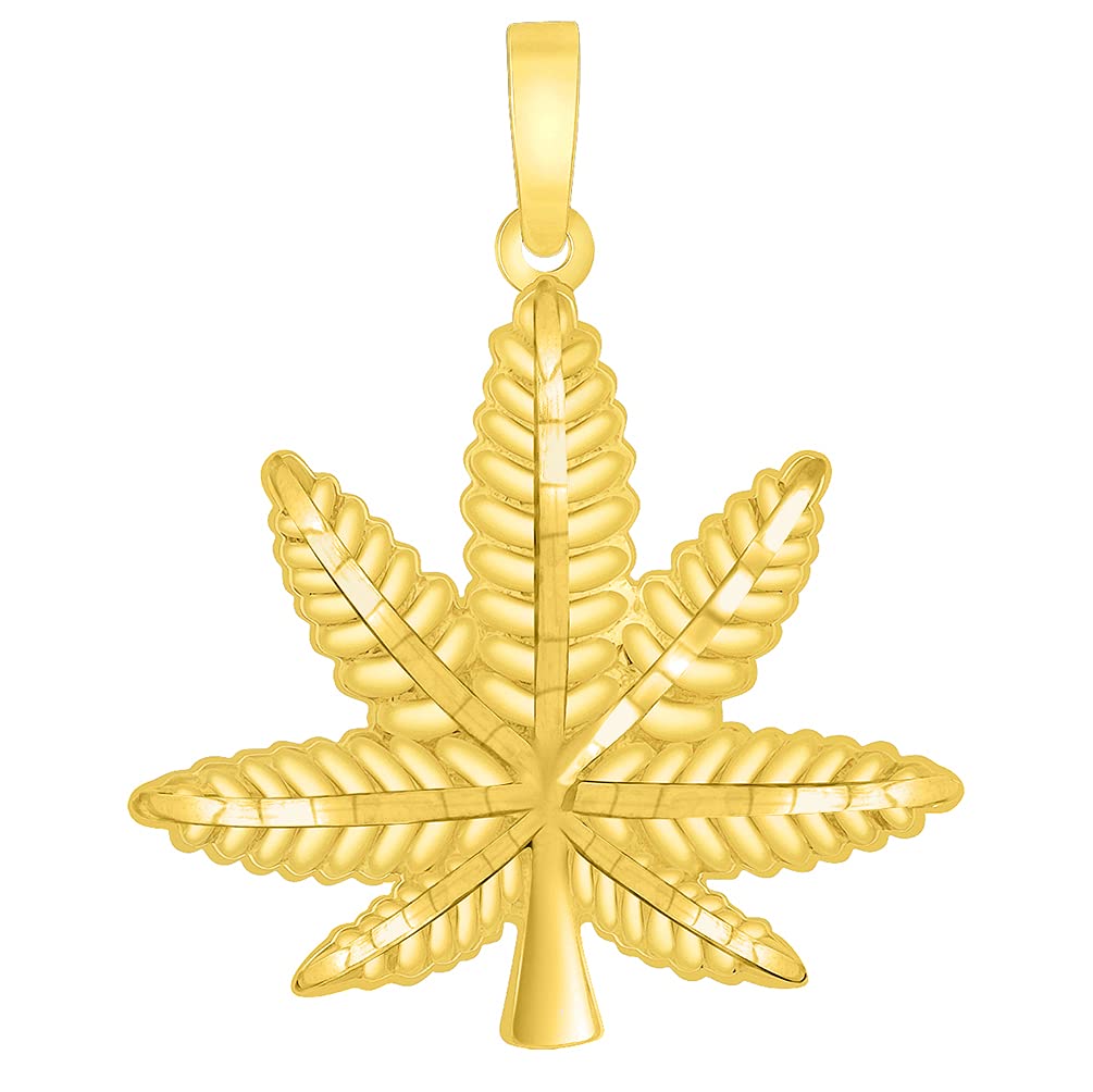 Solid 14k Yellow Gold Textured Marijuana Weed Leaf Pendant