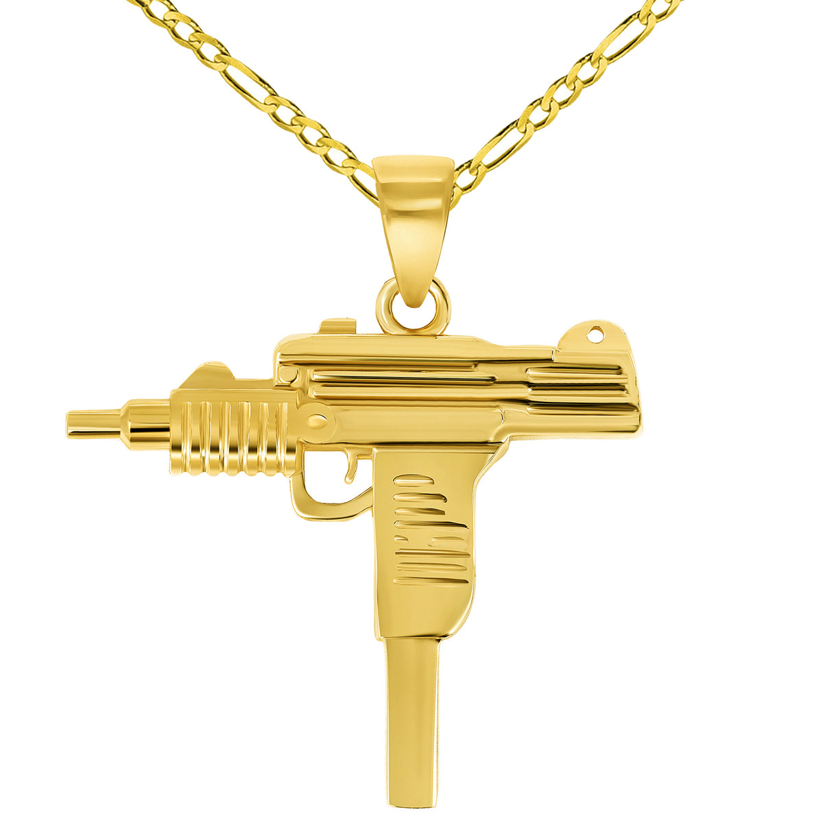 Solid 14k Yellow Gold Uzi Machine Gun Pendant Necklace