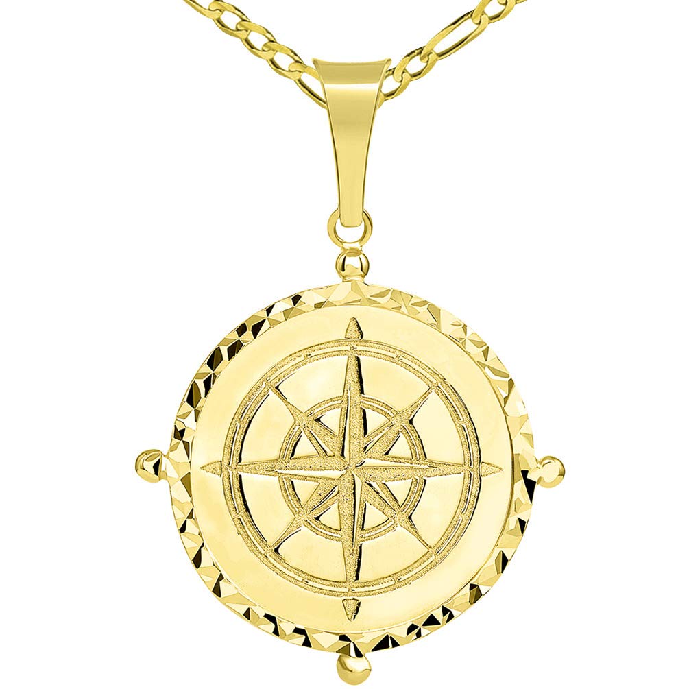 Solid 14k Yellow Gold Well Detailed Classic Compass Pendant with Figaro Chain Necklace for Womens