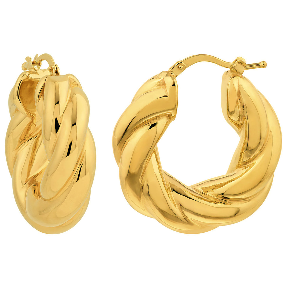 14k Yellow Gold Wide Twisted Puff Hoop Earrings with Hinged Back