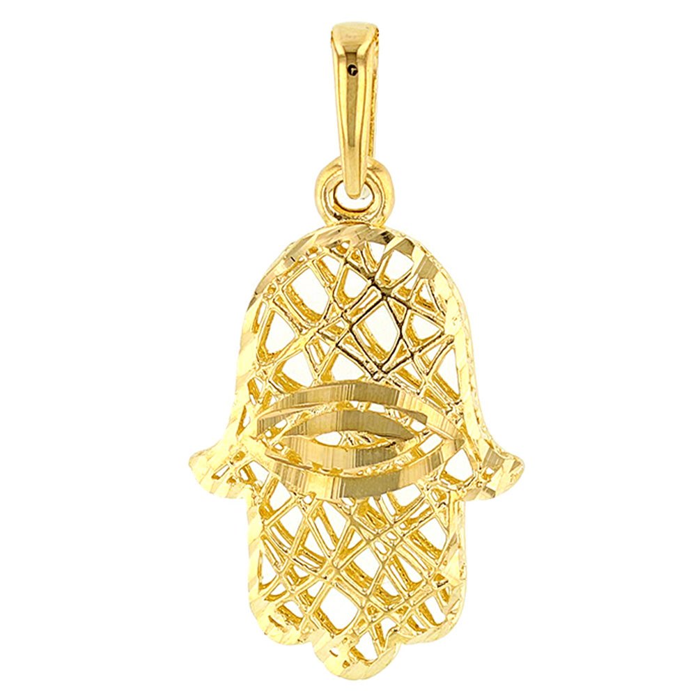 Textured 14K Yellow Gold 3D Hamsa Hand of Fatima with Evil Eye Charm Pendant