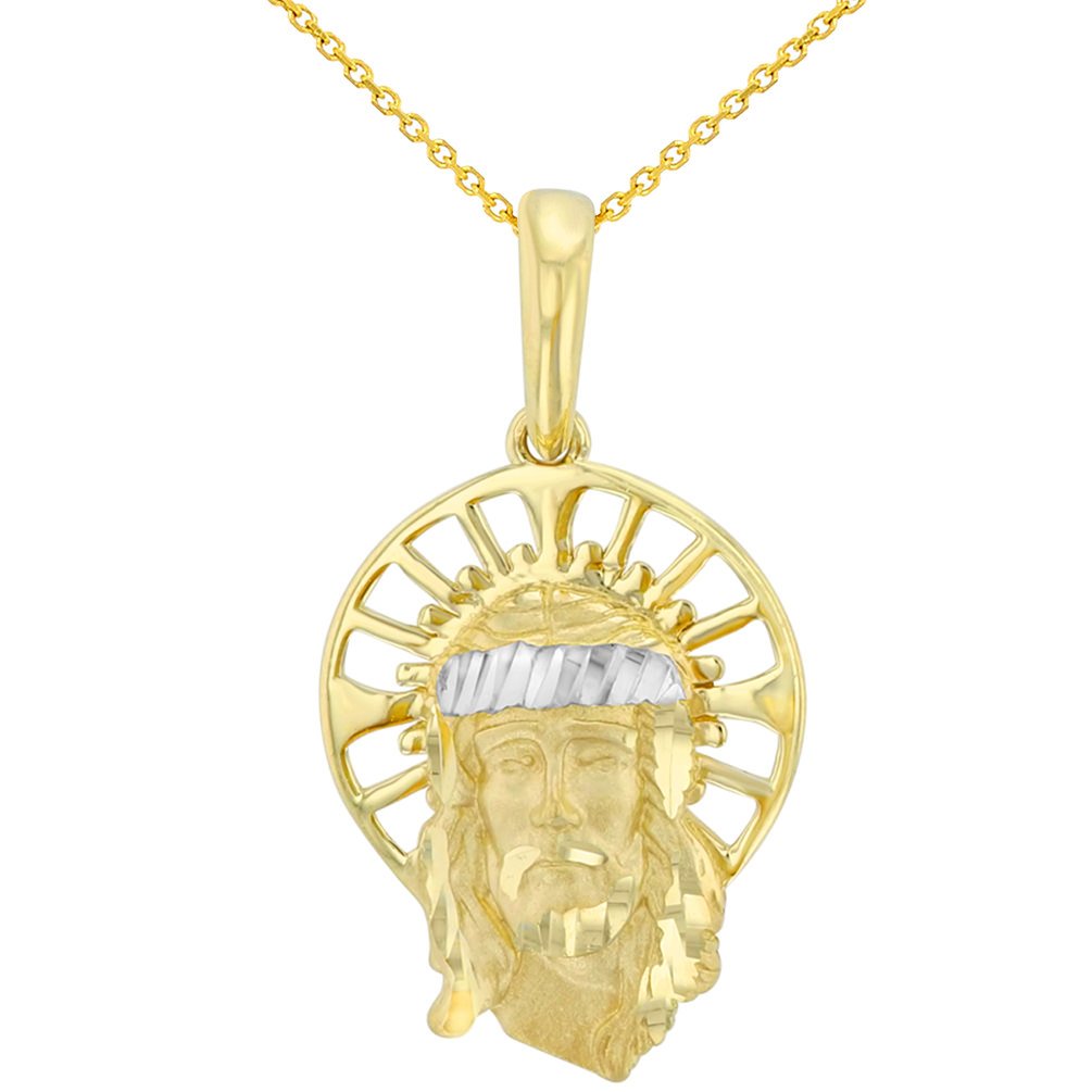 Textured 14K Yellow Gold Dainty Halo Jesus Christ Face Pendant Necklace