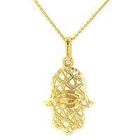Load image into Gallery viewer, Textured 14K Yellow Gold Hamsa Hand of Fatima with Evil Eye Pendant Necklace
