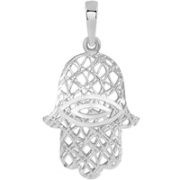 Load image into Gallery viewer, Textured 14K White Gold 3D Hamsa Hand of Fatima with Evil Eye Charm Pendant
