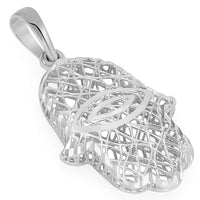 Load image into Gallery viewer, Textured 14K White Gold 3D Hamsa Hand of Fatima with Evil Eye Charm Pendant

