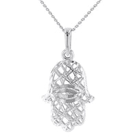 Load image into Gallery viewer, Textured 14K White Gold Hamsa Hand of Fatima with Evil Eye Pendant Necklace
