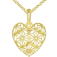 Load image into Gallery viewer, Textured 14K Yellow Gold 3D Heart Charm with Filigree Pendant Figaro Necklace
