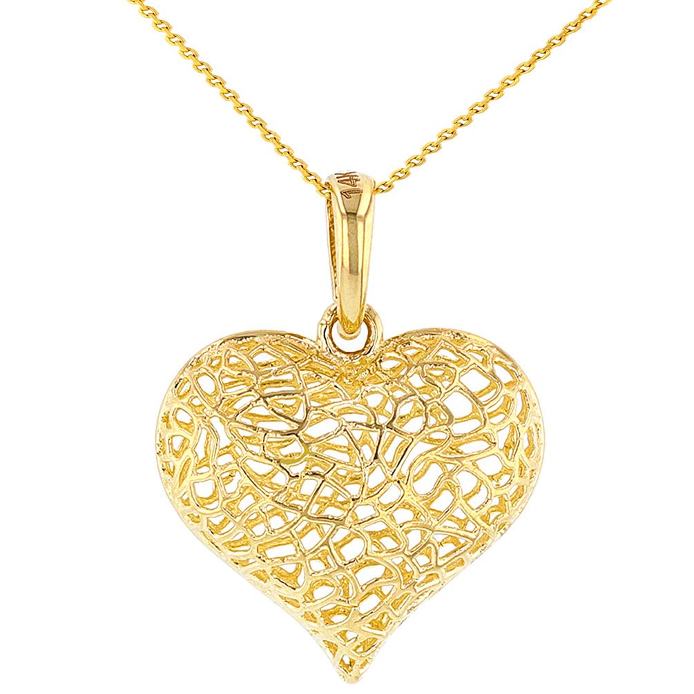 Textured 14K Yellow Gold Puffed Filigree Heart Pendant Jewelry
