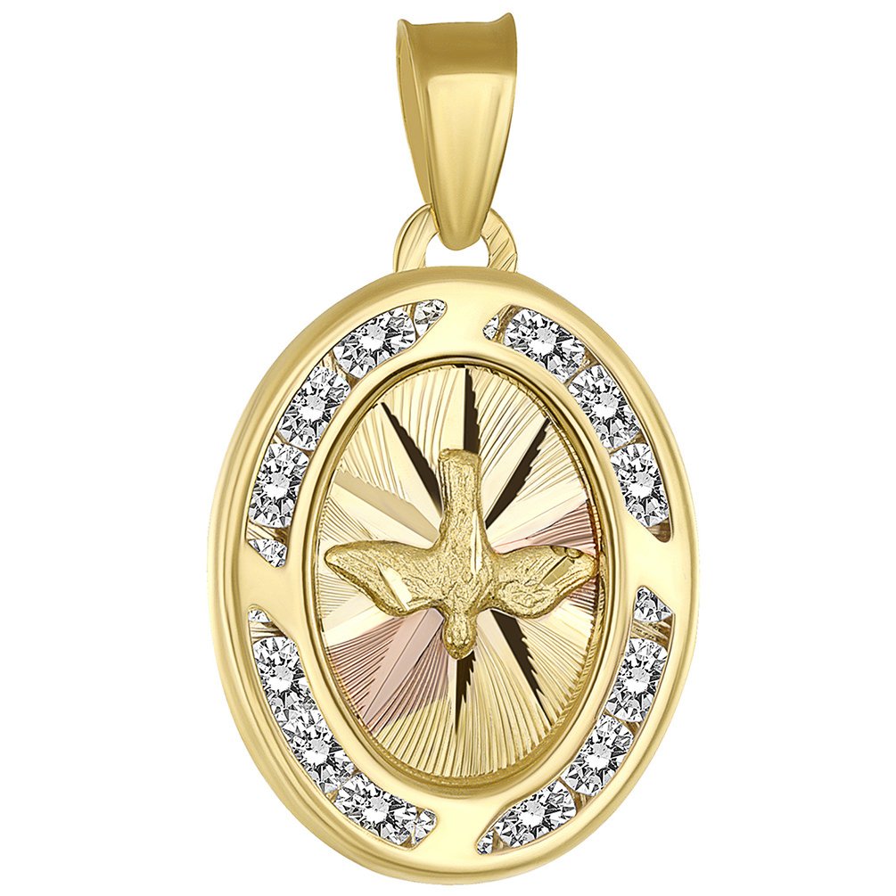Textured 14k Yellow Gold Holy Spirit Dove Medallion Charm Pendant with Cubic Zirconia Gemstones