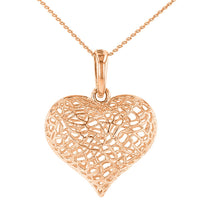 Load image into Gallery viewer, Textured 14k Rose Gold Puffed Filigree Heart Charm Pendant Necklace
