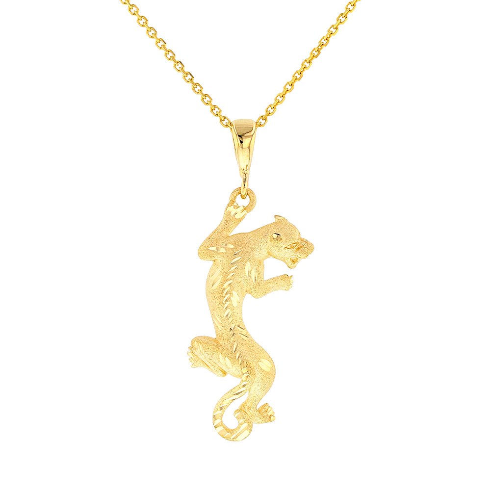 Textured 14k Yellow Gold Vertical Panther Pendant with Cable, Curb, or Figaro Chain Necklace