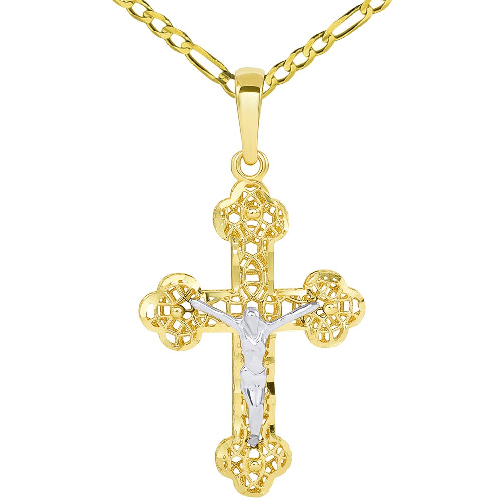 14k Two Tone Gold Textured Filigree Eastern Orthodox Cross 3D Jesus Crucifix Pendant with Figaro Necklace