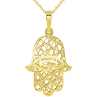 Load image into Gallery viewer, 14k Yellow Gold Textured Filigree 3D Hamsa Hand of Fatima with Evil Eye Pendant Necklace
