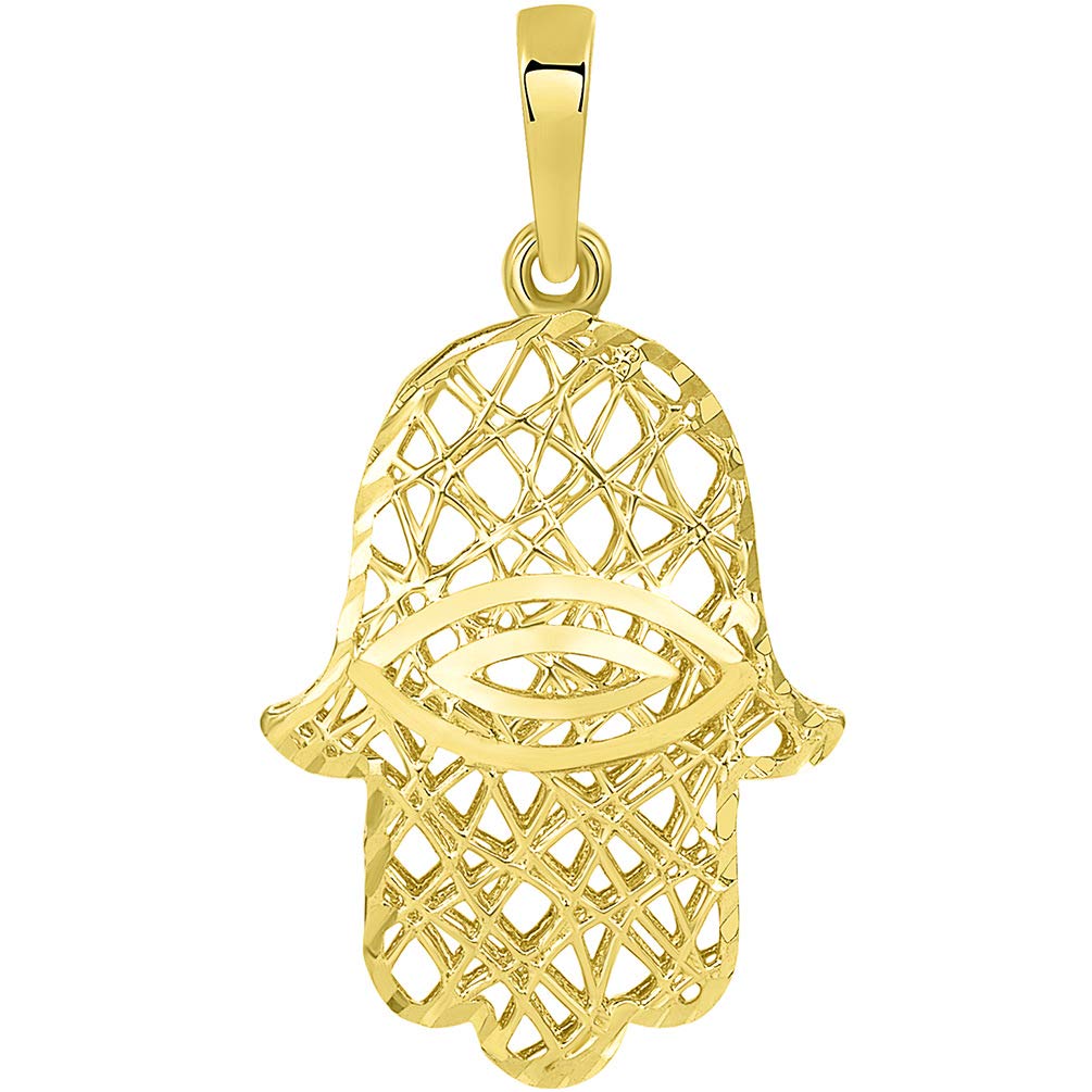 14k Yellow Gold Textured Filigree 3D Hamsa Hand of Fatima with Evil Eye Pendant