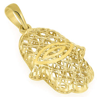 Load image into Gallery viewer, 14k Yellow Gold Textured Filigree 3D Hamsa Hand of Fatima with Evil Eye Pendant
