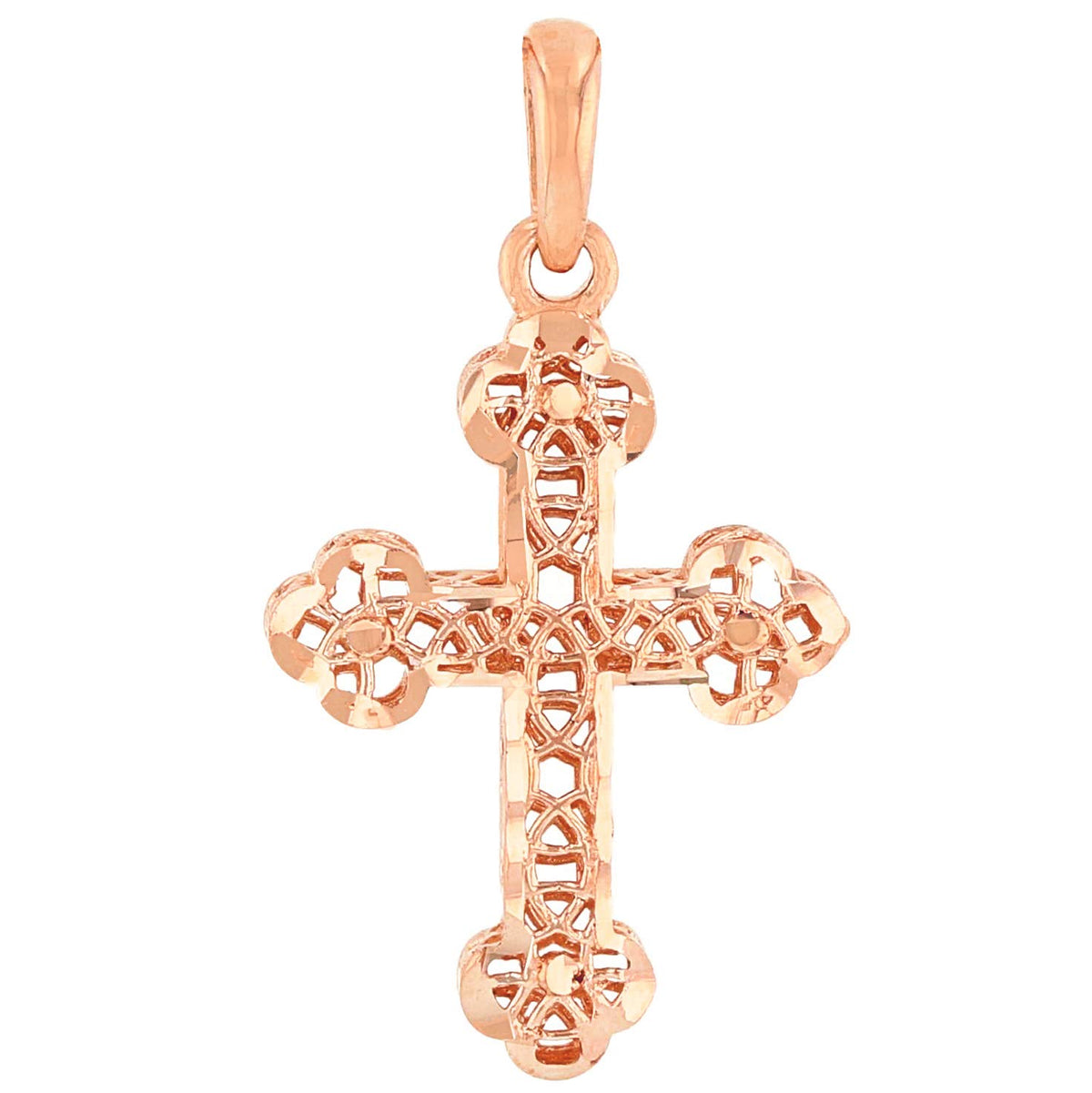 14k Rose Gold Textured Filigree Christian Orthodox Cross Charm Pendant