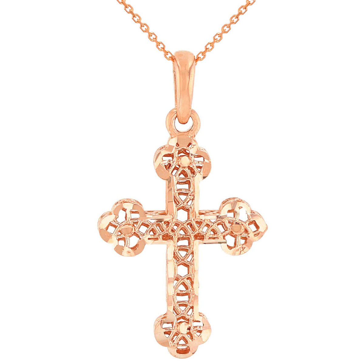 14k Rose Gold Textured Filigree Christian Orthodox Cross Charm Pendant Necklace