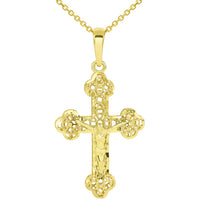 Load image into Gallery viewer, 14k Yellow Gold Textured Filigree Eastern Orthodox Cross 3D Jesus Crucifix Pendant - Available with Rolo, Curb, or Figaro Chain Necklaces
