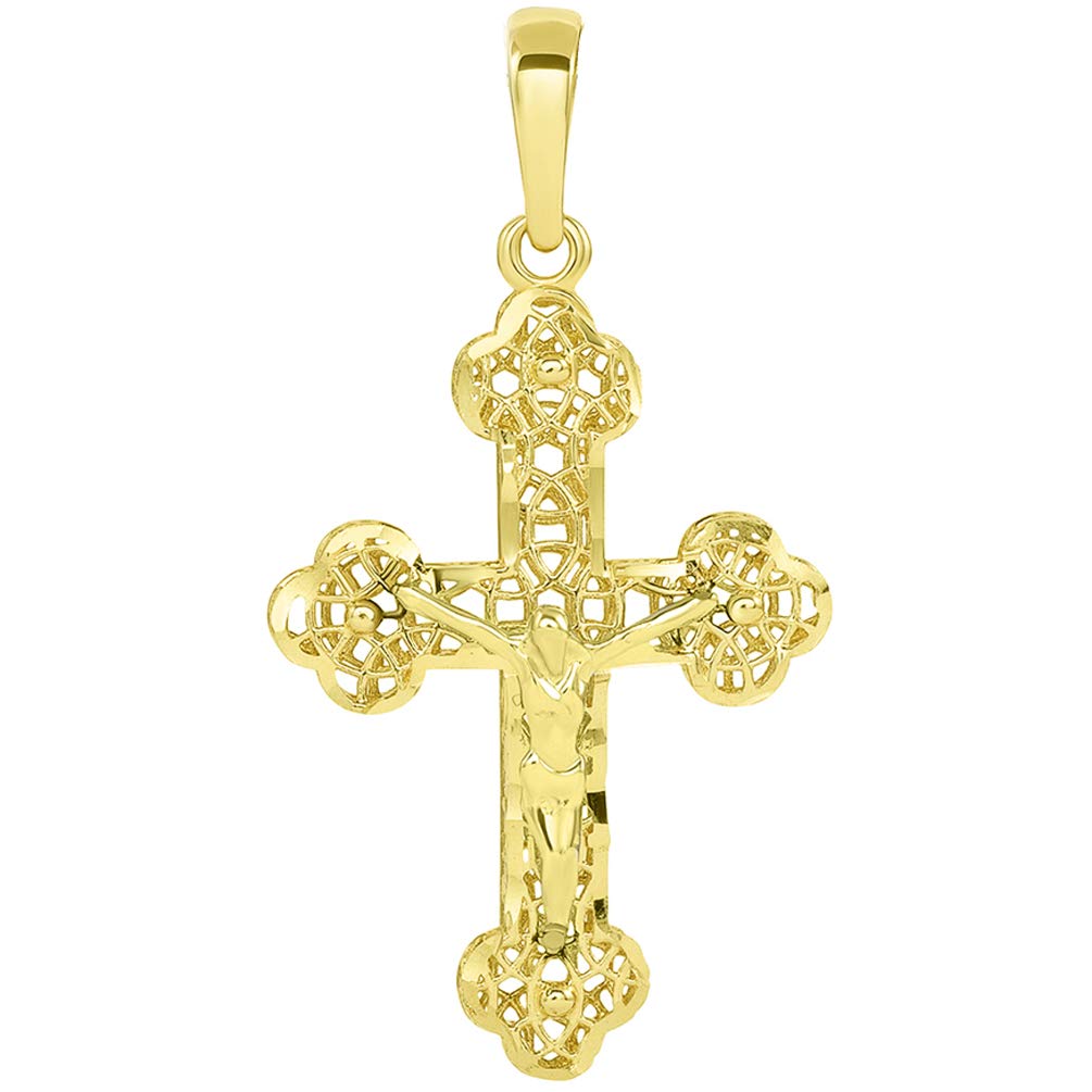 14k Yellow Gold Textured Filigree Eastern Orthodox Cross 3D Jesus Crucifix Pendant
