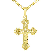 Load image into Gallery viewer, 14k Yellow Gold Textured Filigree Eastern Orthodox Cross 3D Jesus Crucifix Pendant - Available with Rolo, Curb, or Figaro Chain Necklaces
