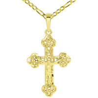Load image into Gallery viewer, 14k Yellow Gold Textured Filigree Eastern Orthodox Cross 3D Jesus Crucifix Pendant - Available with Rolo, Curb, or Figaro Chain Necklaces
