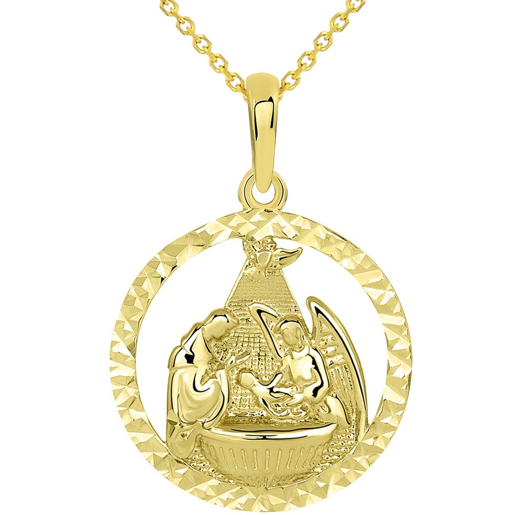 14k Yellow Gold Textured Open Round Holy Spirit Baptism Christening Pendant Necklace with Cable, Curb or Figaro Chain Necklaces